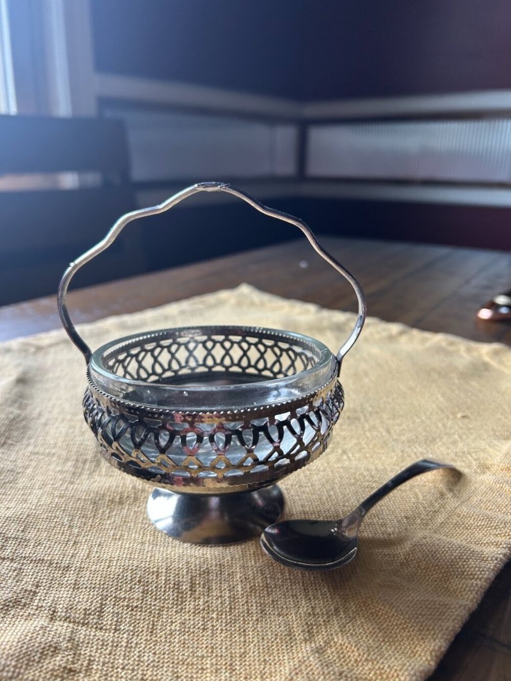 Vintage Silver Sugar Bowl with Spoon or Condiment dish w ornate metal basket - Picture 3 of 7